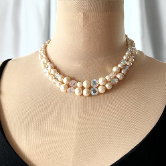 Marvella Pearl Necklace, Vintage Faux Pearls Necklace, 2 Strand - Picture 7 of 9